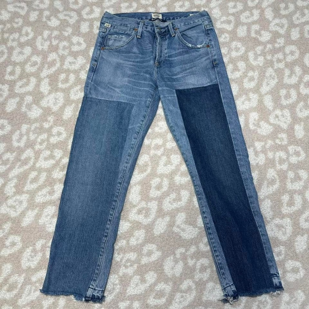 Citizens of Humanity Patchwork Jeans Blue Straight Leg Raw Hem Size 23